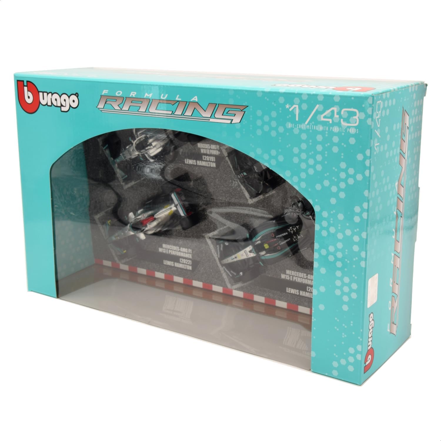Bburago Formula 1 F1 4-Car Set - Mercedes AMG Petronas W12 W13 W14 - Hamilton, Russell - 1:43 Scale - Incredibly Detailed Die-Cast Collectible Replica Race Cars, Black and Silver