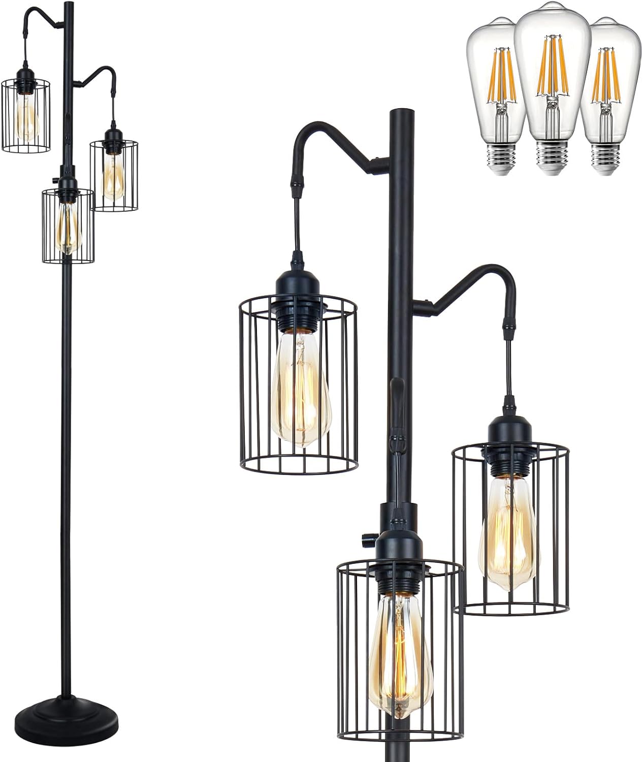 Dimmable Floor Lamp, 3 x 800LM LED Edison Bulbs Included, Standing Lamp, Farmhouse Industrial Vintage Corner Tall Tree Floor Lamp for Living Room Bedroom Office-Black