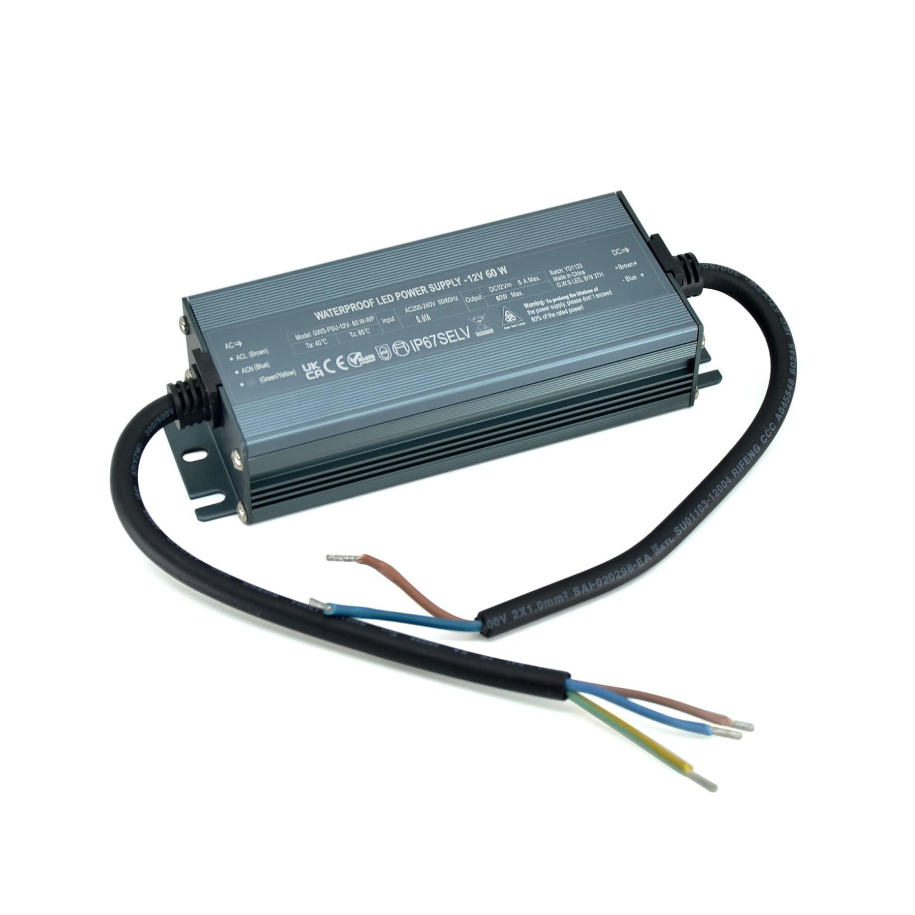 G.W.S® LED Driver Transformer Power Supply, Output DC12V 5A 60W, Input AC200-240V, IP67 Waterproof For Indoor & Outdoor Use