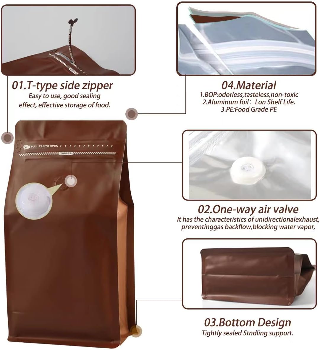 Coffee Bags with Valve(16 oz,1 lb,100pcs) Brown High Barrier Aluminumed Foil Flat Bottom Heat Sealed Coffee Beans Packaging Bags Side Zipper Resealable for Home or Business