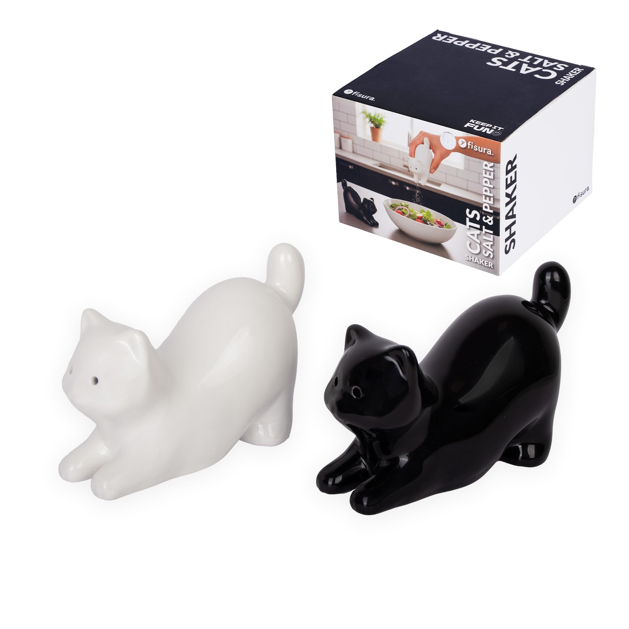 Fisura - Salt and Pepper Shaker Set, Ceramic Cruet Set, Cats Design, Kitchen Table Condiment Set, Farmhouse Style Decor, Original Gift Idea