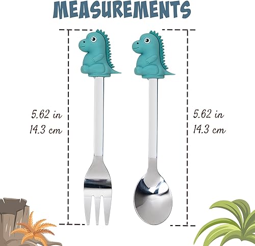 Miniatura 4 de Cucharas y tenedores para aperitivos, 6 cucharas y tenedores de cóctel, dinosaurios, acero inoxidable y silicona, cucharas y tenedores pequeños para