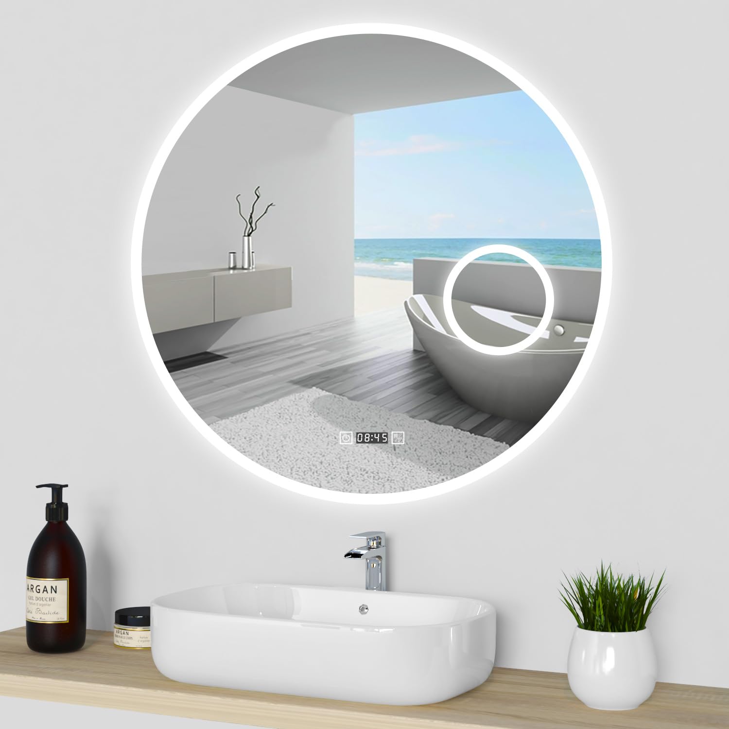 Miroir De Salle De Bain LED Alasta Avec Horloge Bluetooth - Moderne - Interrupteur Tactile - Modèle F03