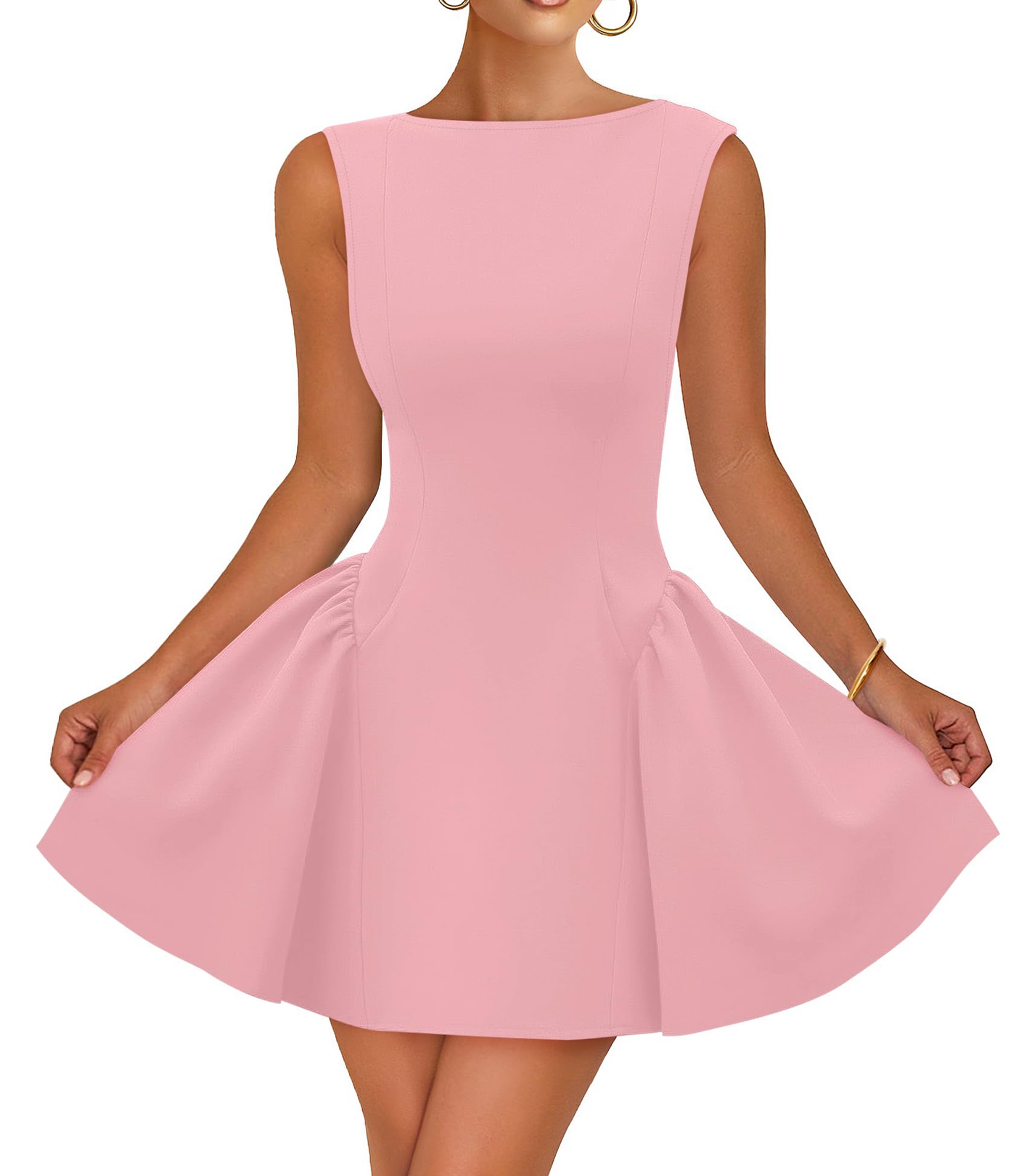 ZESICA Women's 2025 Summer Sleeveless Cocktail Mini Dress Boat Neck Backless Swing A Line Wedding Club Party Short Dresses