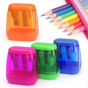 4 Pack Pencil Sharpener Manual, Double Holes, Assorted Color | Sharpeners with Lid for Kids, School, Office, Home