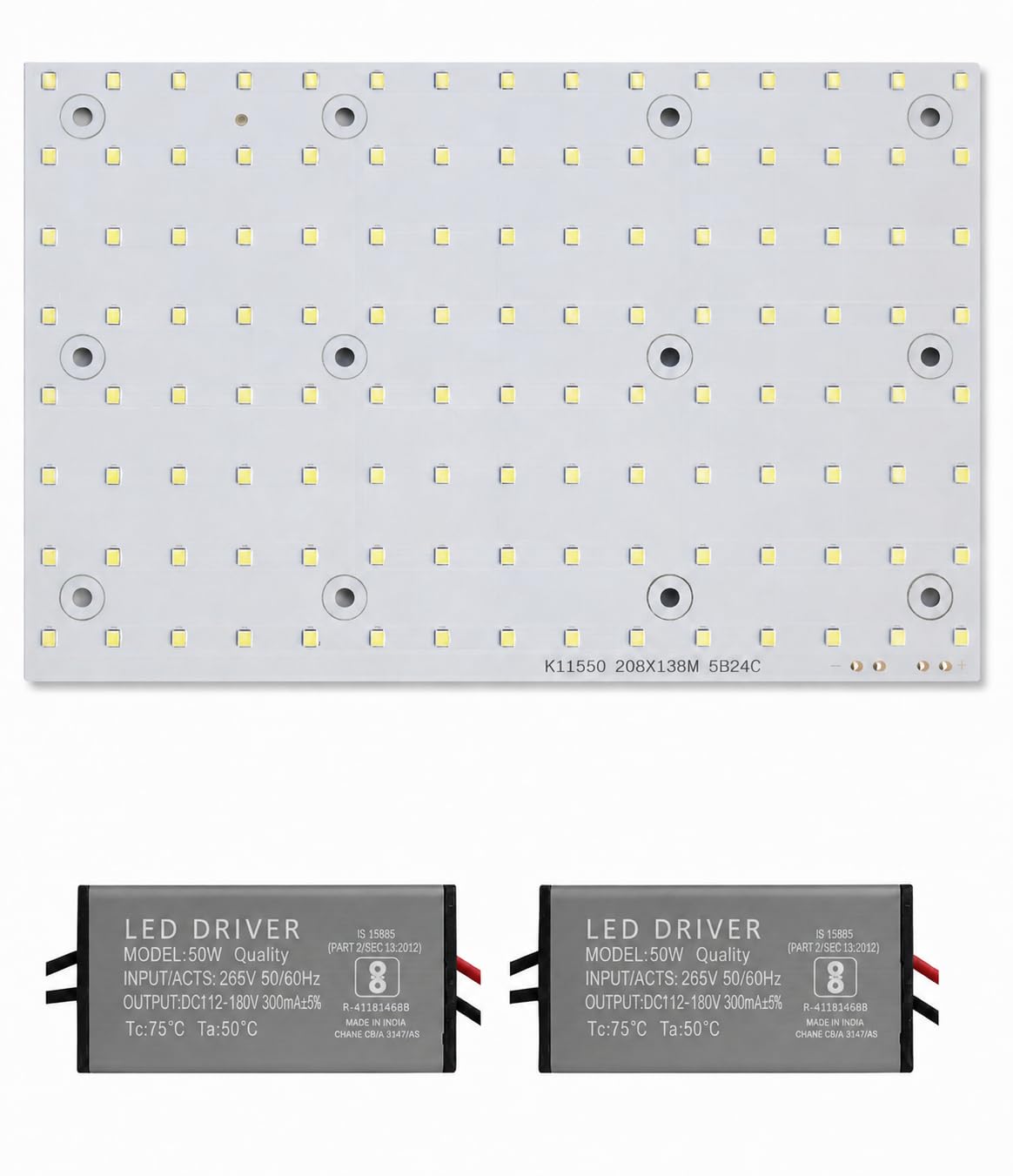 Khatu® 100 Watt LED MCPCB Plate with 2 Pcs 50W Driver, High Lumen LED, 100 Lumen per Watt, High Brightness, Durability, White Colour, 6500 K, Pack of 1