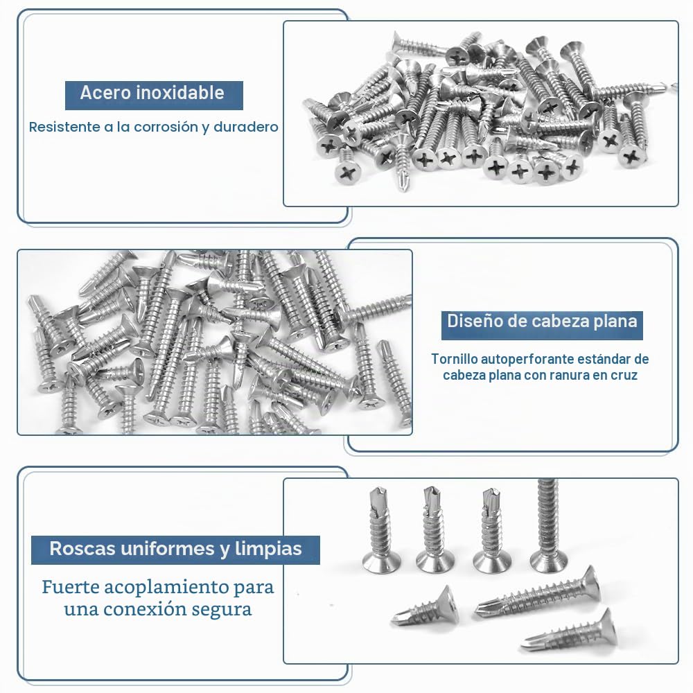 260 PCS Tornillos Autorroscantes de Acero Inoxidable 4.2 x 13/16/19/25/32 mm, Tornillos Autoperforantes de Cabeza Plana, Juego deTornillos Roscachapas para Metal, Láminas, Plástico y Madera