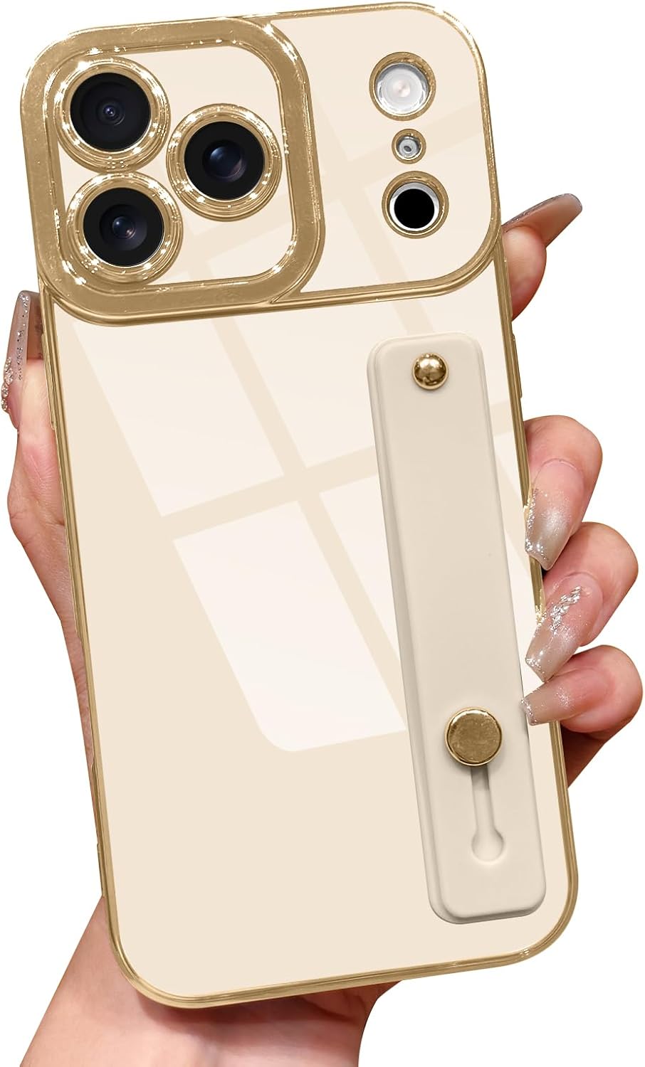 Lafunda for iPhone 17 Pro Case Cute, Luxury Gold Plated for Women Girls Elegant TPU Bumper Cover with Wrist Strap Kickstand Camera Protection Shockproof Silicone Phone Case for iPhone 17 Pro, White