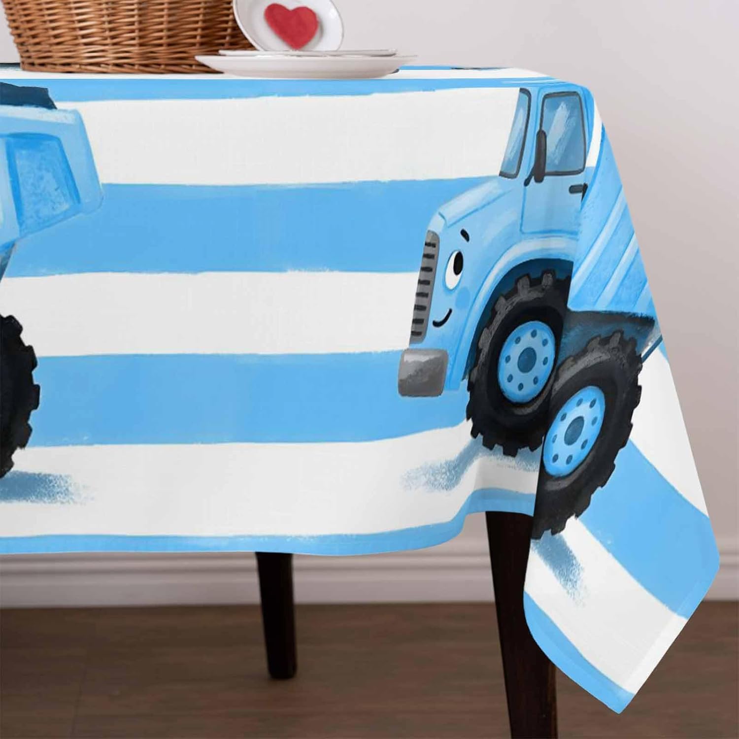 Children's Day Waterproof Table Cloth Blue Cartoon Cute Truck Hookup Blue Stripes Waterproof & Wrinkle Table Cover, Washable Polyester Soft Fabric Table Cloth for Outdoor Indoor Parties