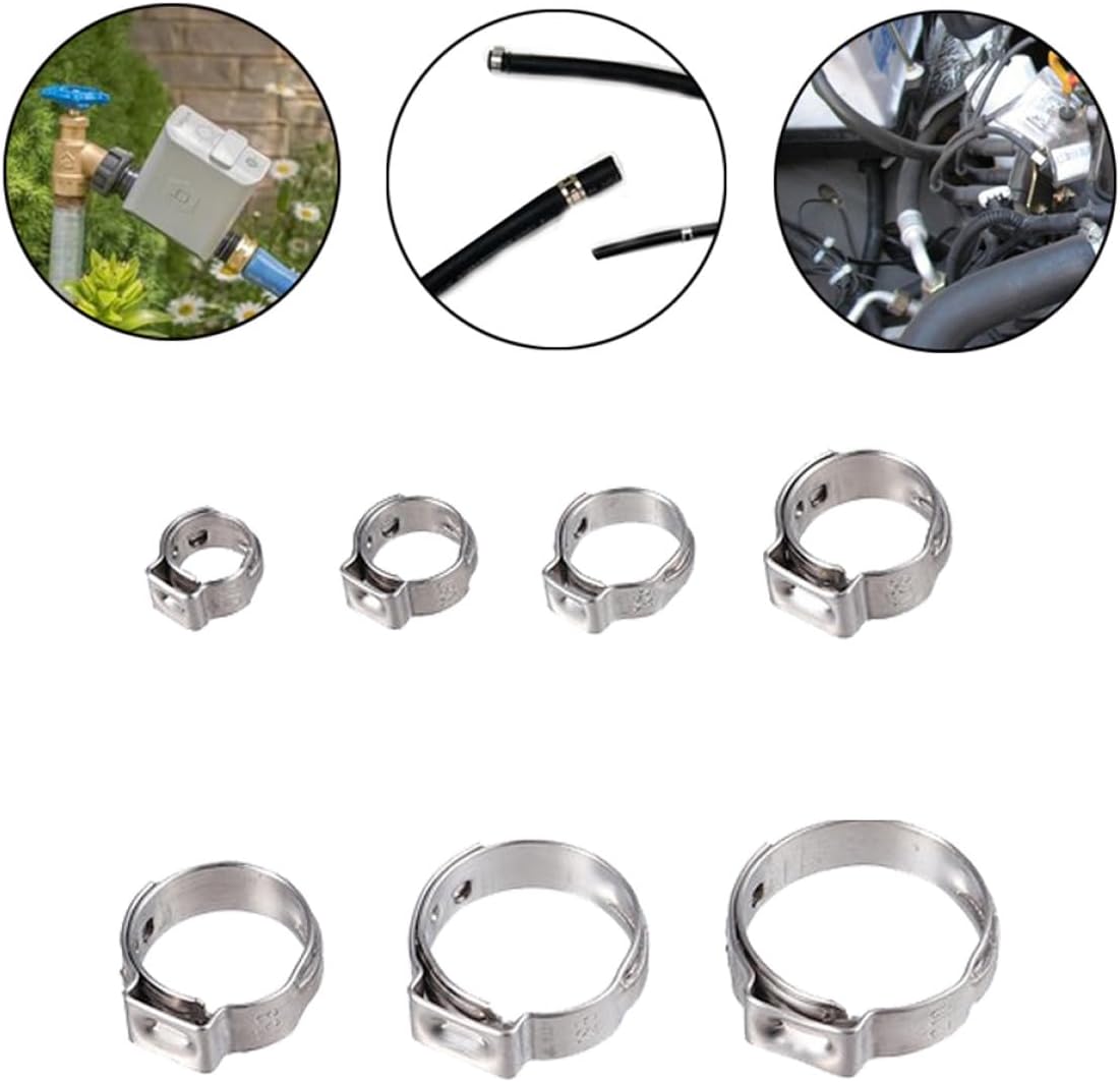 130pcs 304 Stainless Steel Single Ear Hose Clamps Continuously Adjustable Hose Clips with 7mm-21mm Sizes Assortment for Plumbing, Automotive, and DIY Applications