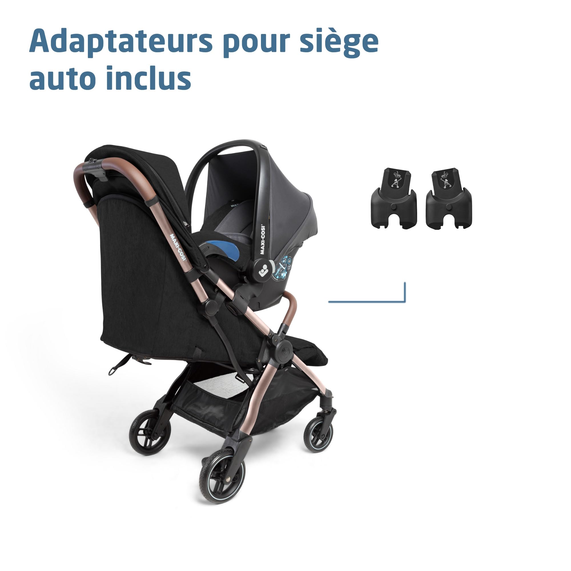 Maxi-Cosi Eva3 Poussette, 0 - 4 ans, 0 - 22 kg, Poussette Bebe, Légère, Compacte, Position Allongée, 3 Positions d'Inclinaison, Pliage Automatique, Sangle de transport, Essential Black Champagne