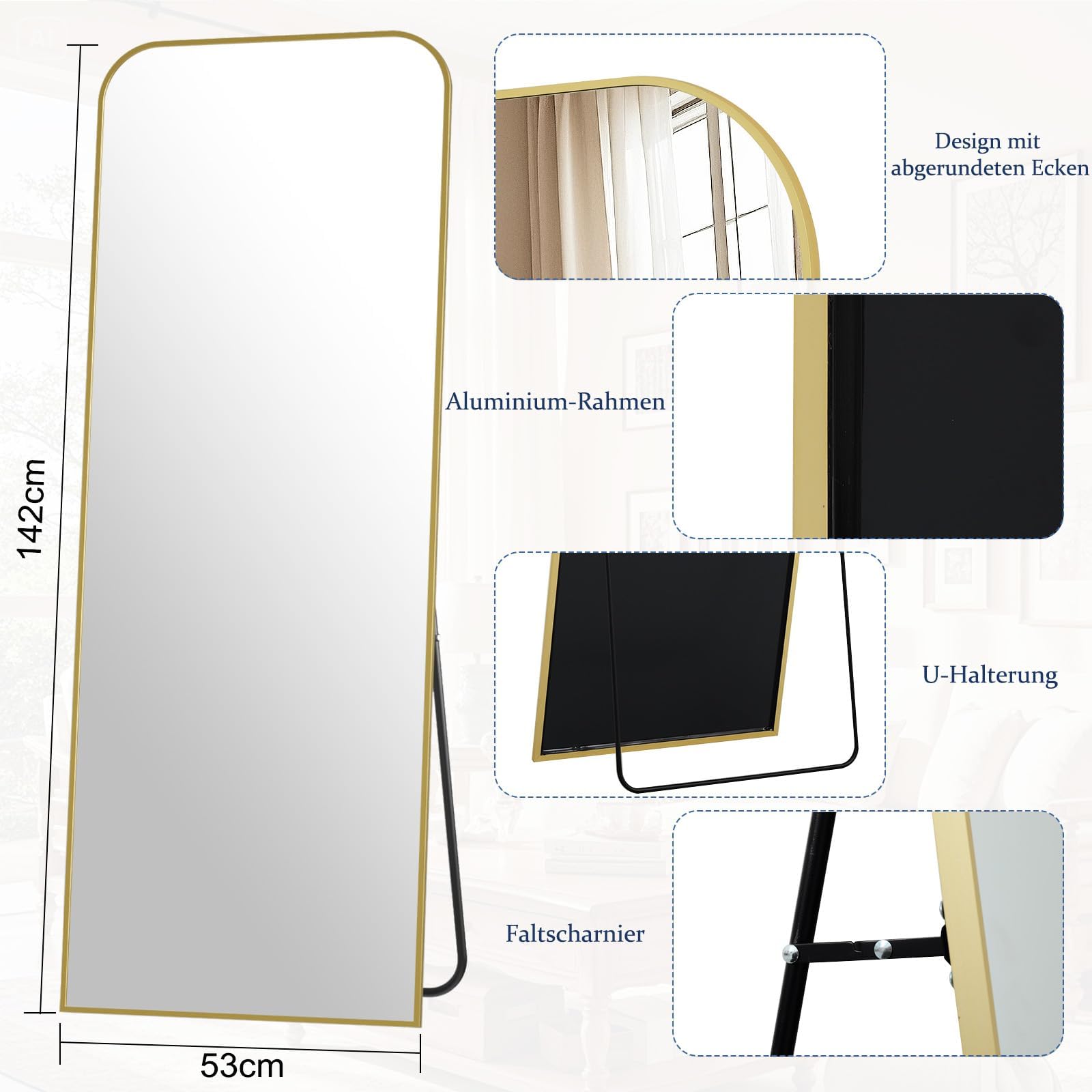 Koonmi Ganzkörperspiegel Bogen 52 x 142 cm Gold, Stabiler Rahmen im Alltag | mit Ständer, zum Anlehnen oder Aufhängen, stabiler Rahmen, Sicherheitsglas für Schlafraum, Ankleide, Wohnzimmer und Flur