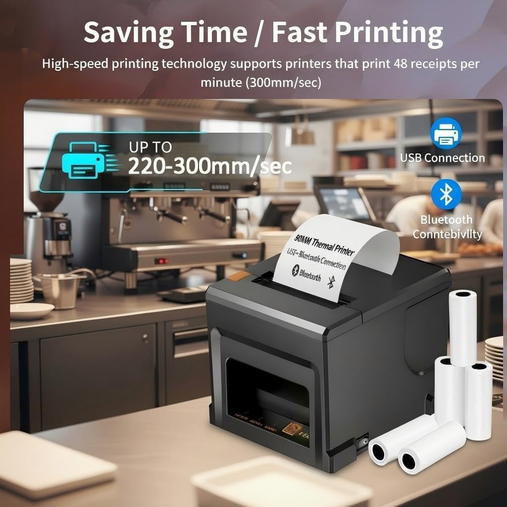80 mm drukarka termiczna do kasy – USB, Bluetooth, LAN, 300 mm/s, auto-cutter – mobilne drukowanie – w zestawie 5 rolek + adapter 58 mm – do gastronomii, kuchni, supermarketu