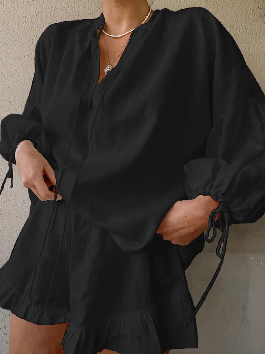 Womens Ruffle Pajama Sets 2 Piece Long Sleeve Button Down Shirt and Shorts Set Cozy Cotton Lounge Set - Image 4