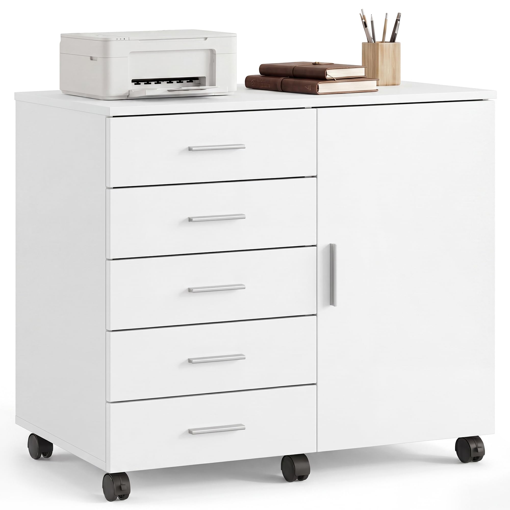 VASAGLE Caisson de Bureau, Meuble de Rangement avec 5 Tiroirs et 1 Porte, Support Imprimante sur roulettes, 80 x 40 x 65 cm, Blanc, pour Bureau à Domicile, Collection Custos OFC092WB02