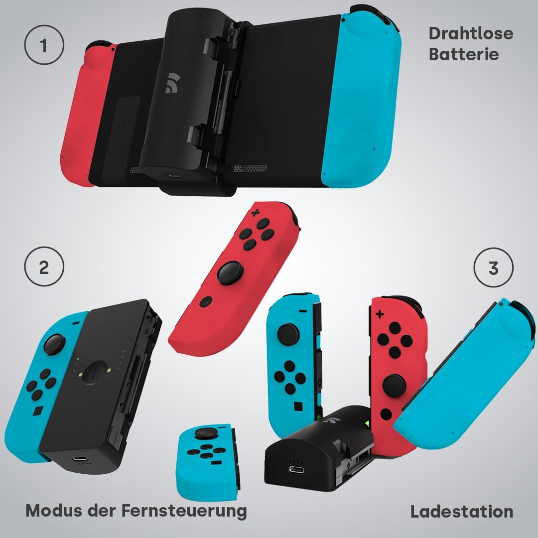 Remotto Enerjoy Go - Tragbares Ladegerät für Nintendo Switch & OLED, Powerbank 5.000 mAh, Akku 3-in-1: Kabelloses Laden, Controller-Modus und Ladestation Joy-Cons, Switch-Zubehör