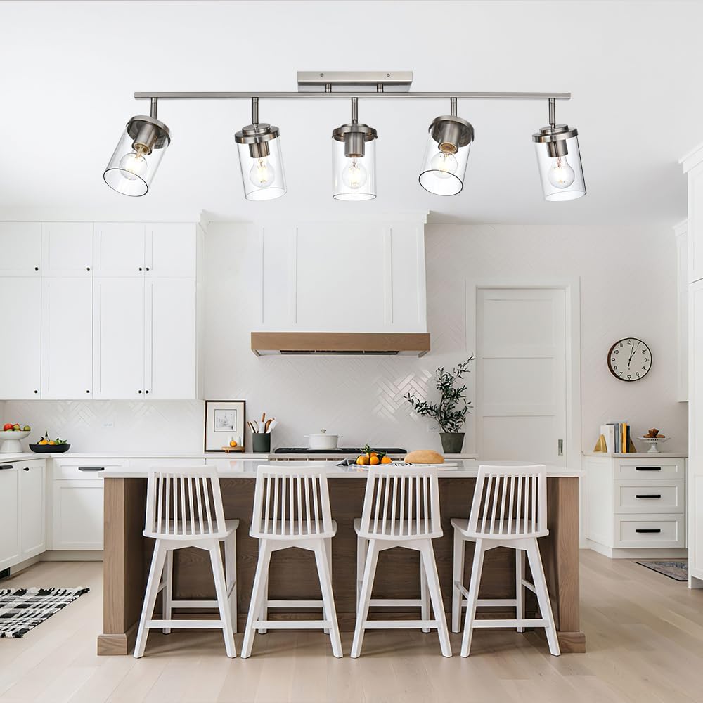BONLICHT Modern 5-Light Track Lighting Fixture Flush Mount Brushed Nickel Wall Mount Track Lights Kit Industrial Kitchen Ceiling Spot Light Indoor Bathroom Fixture Vanity Lights with Clear Glass Shade