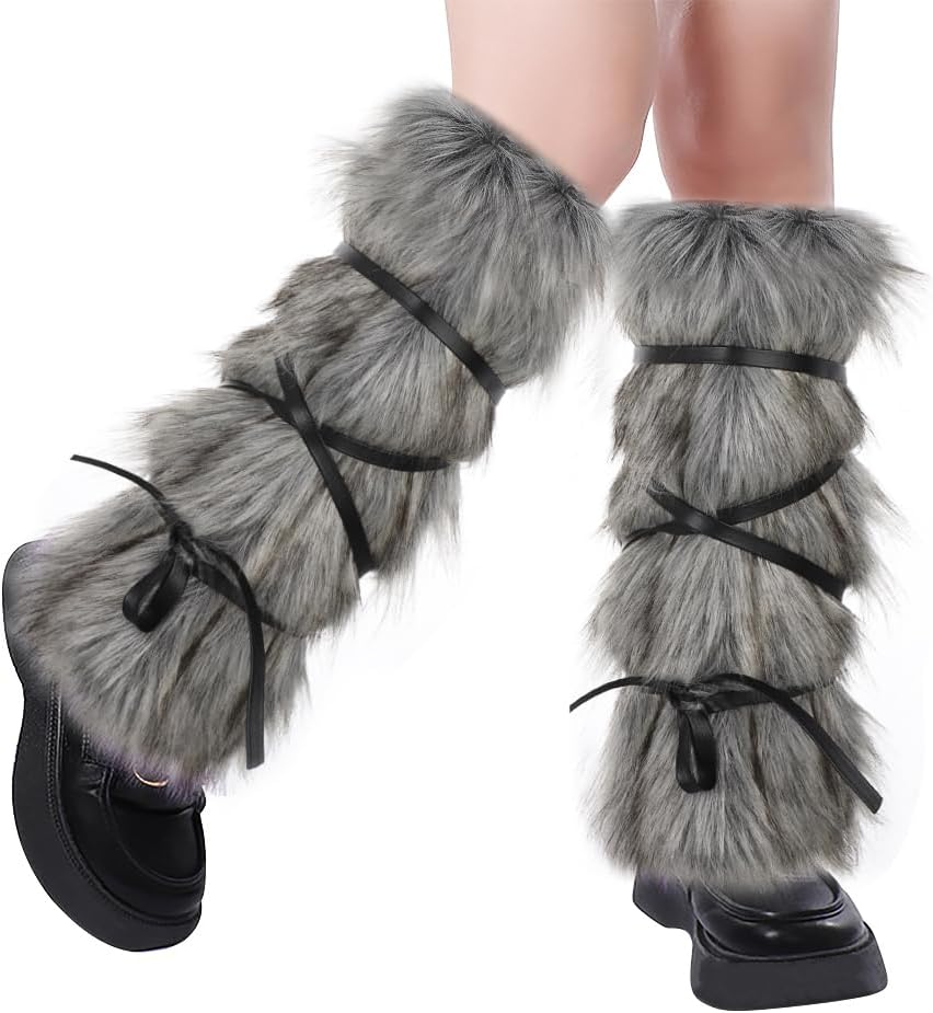 PENINSULA LOVE Viking Faux Fur Leg Warmers Medieval Plush Boot Covers Warrior Leg Gaiters Shin Guards Cosplay Costume