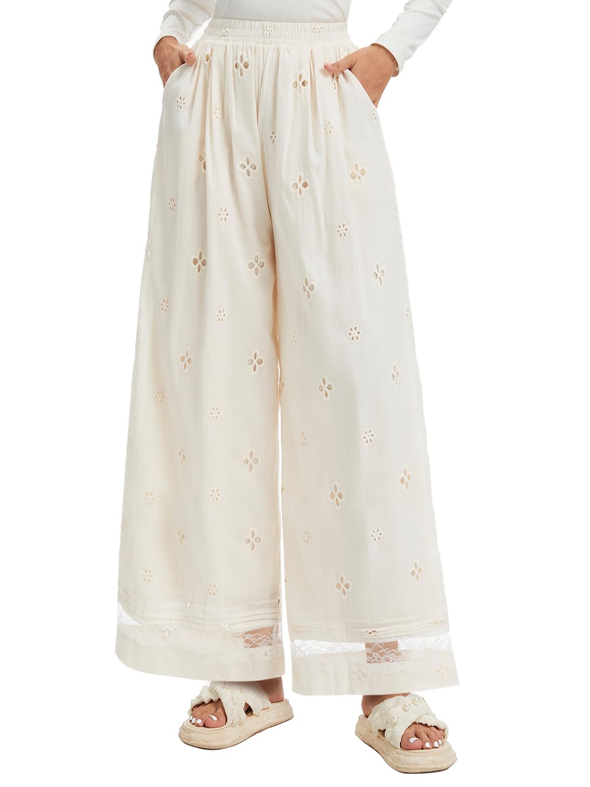 Womens Wide Leg Cotton Palazzo Pants with Eyelet Embroidery Elastic Waist Lace Trim