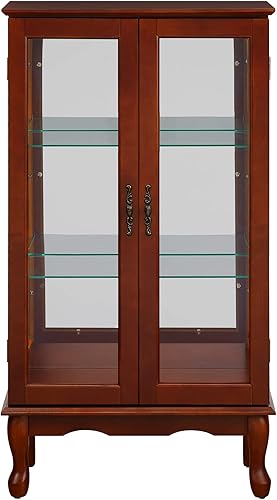 Miniatura 5 de Yoluckea Gabinete Curio iluminado con puertas de vidrio templado, gabinete de almacenamiento de 3 niveles con respaldo espejado y estantes