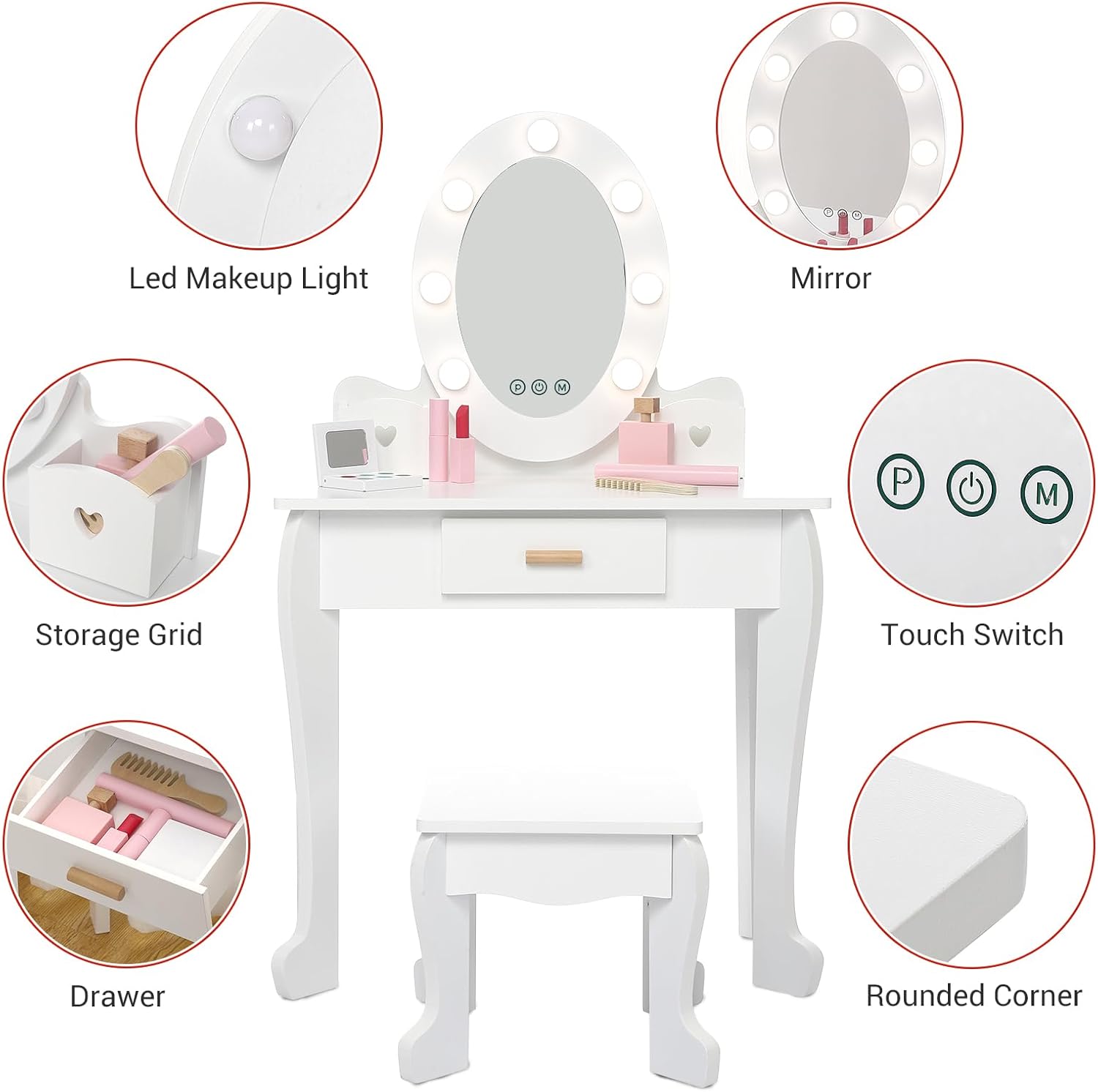 GarveeHome Kids' Vanity Set with Mirror and Light, Makeup Table and Stool for Girls, Vanity Table and Chair Set with Wood Makeup Playset for 4-9 Girls, White (Batteries Not Included)
