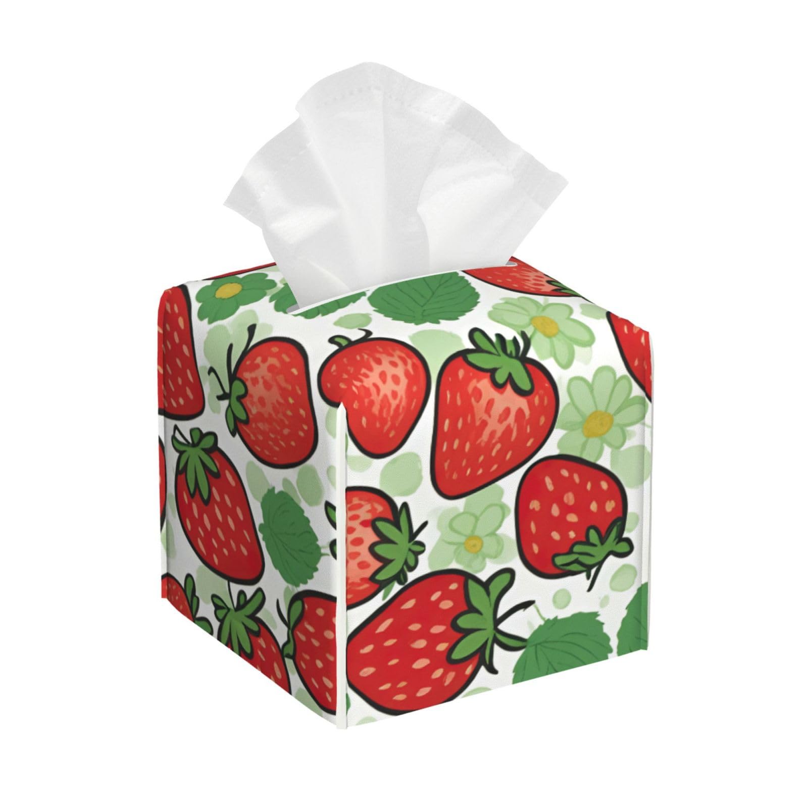 Strawberry Pattern Print Tissue Box Cover Leather Holder Square Facial Paper Organizer Dispenser