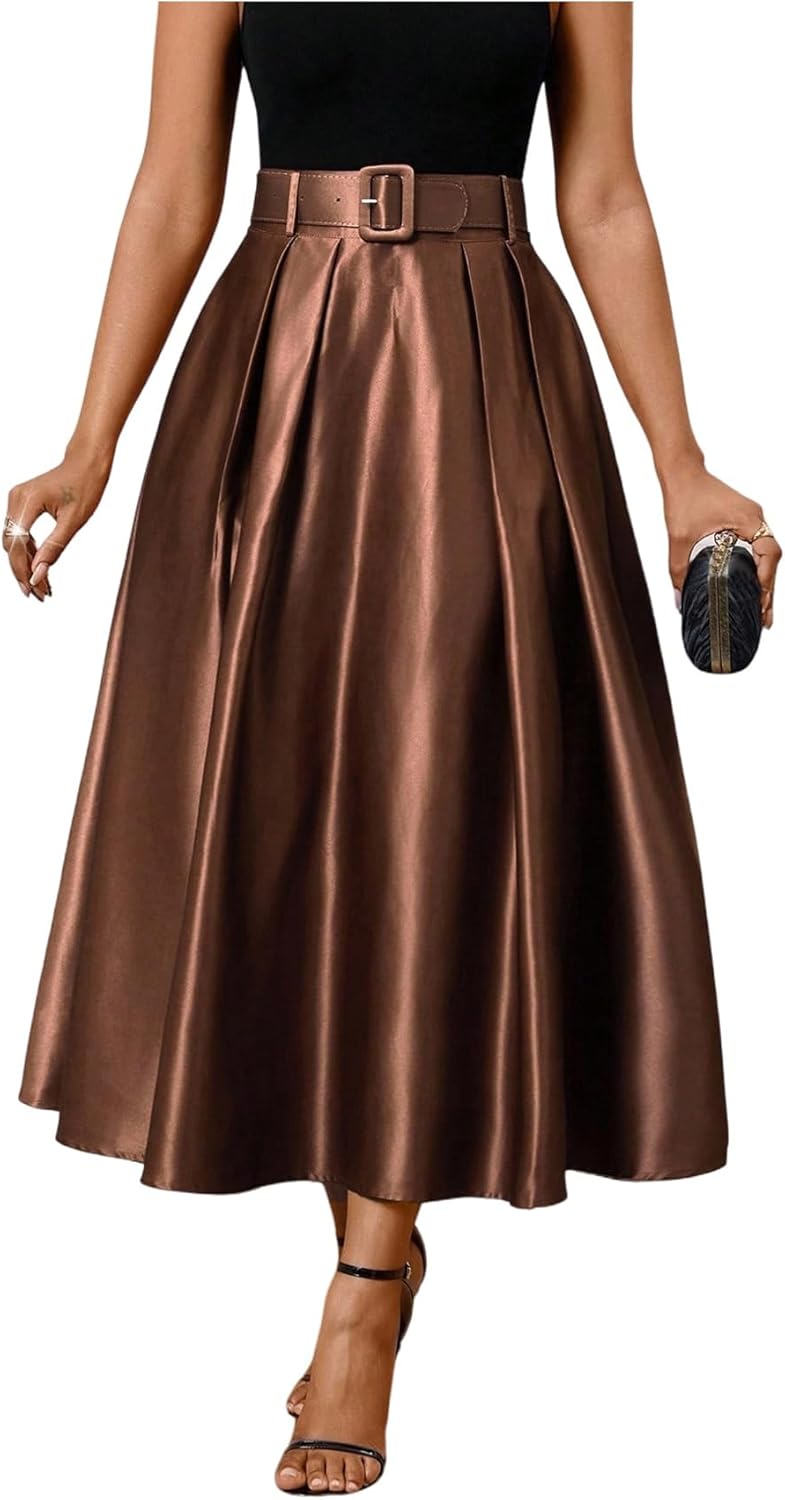 RoseSeek Women's Ruffle Flowy Silky Belted Skirt Pleated Elegant Cocktail A Line Maxi Long Skirt with Pockets