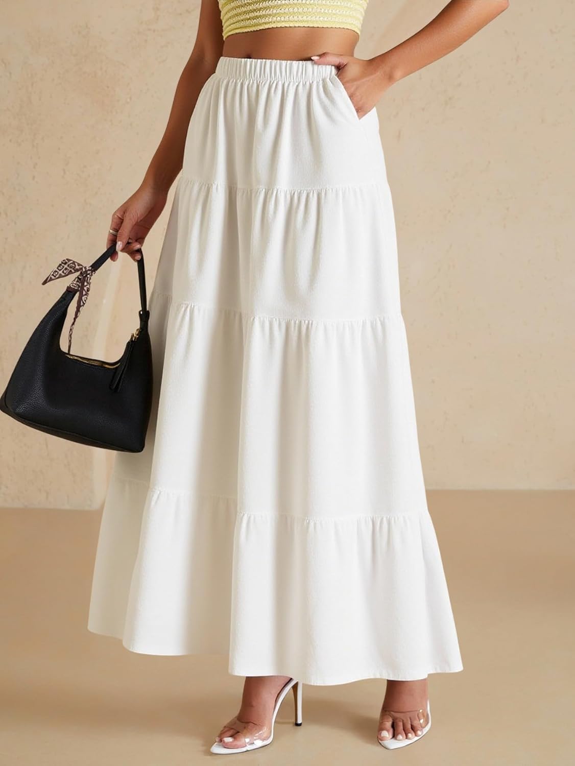 Women's Tiered Ruffle Maxi Skirt Cute High Waisted A Line Flowy Boho Skirts Beach Vacation Clothes - Image 3