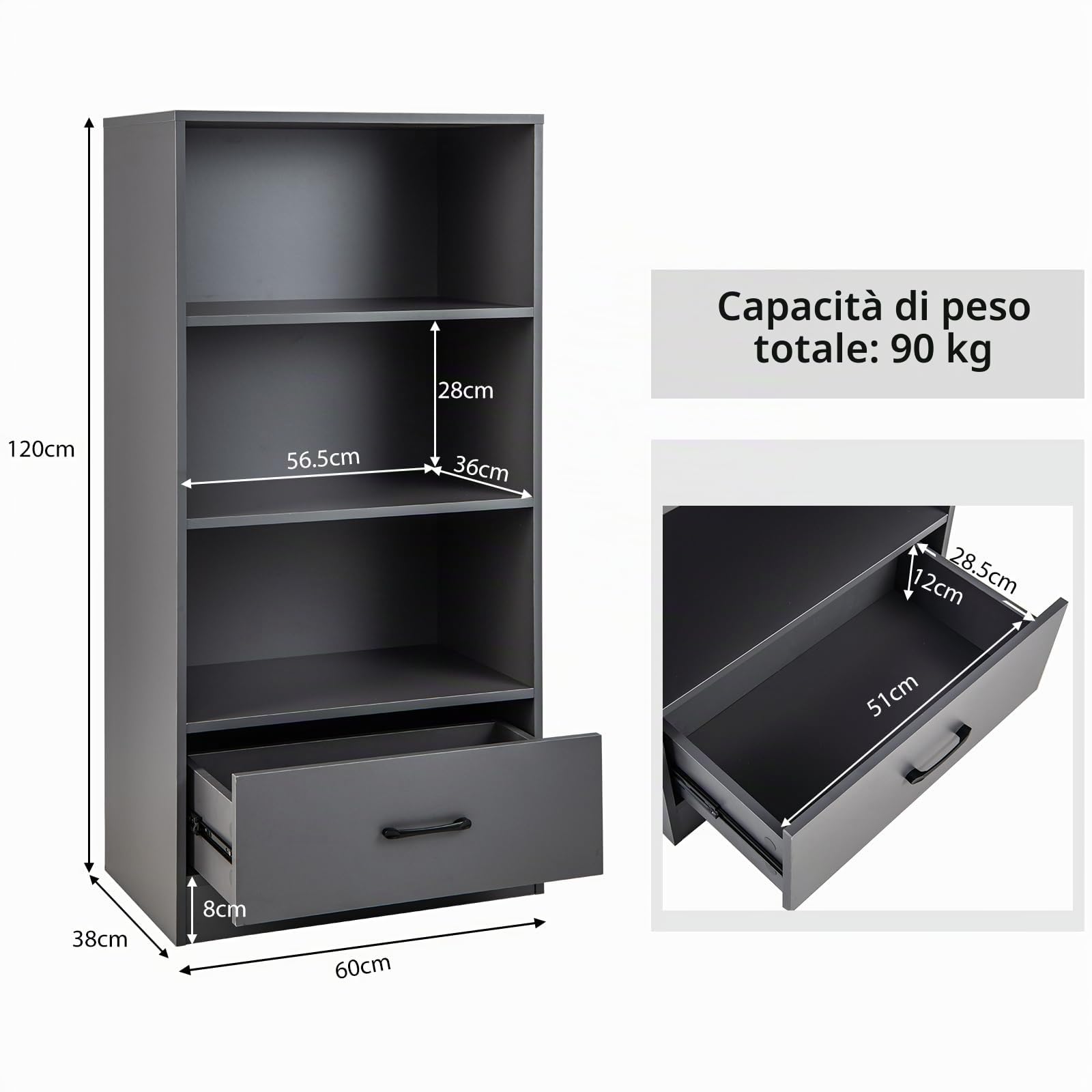KOMFOTTEU Libreria in legno, 3 ripiani aperti e 1 cassetto, armadio base con ripiani regolabili, mobile di stoccaggio, dispositivo anti-ribaltamento, per soggiorno, studio 50 x 30 x 75 cm (grigio)