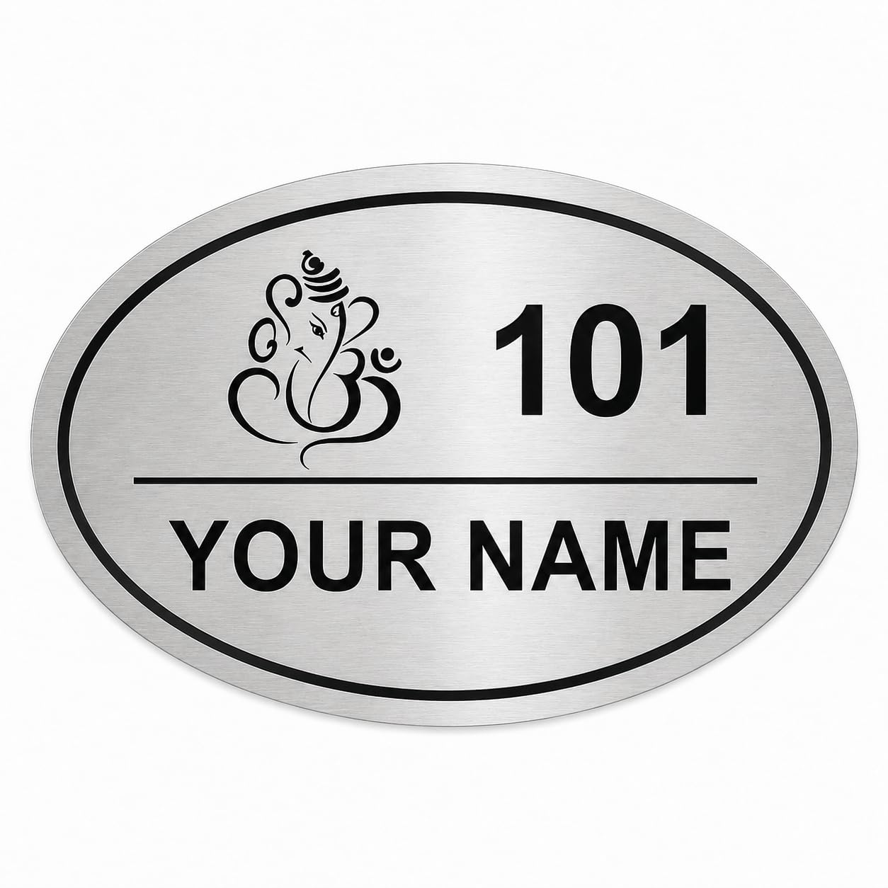 Customized Acrylic Name Plate | Personalized House Number Sign for Home & Office | Premium Silver Oval Shape Brushed Finish | Modern, Weatherproof(Self-Adhesive) | Flat/Apartment/Hotel Door Sign (7.5 x 5 Inches) (SILVER(LOGO))