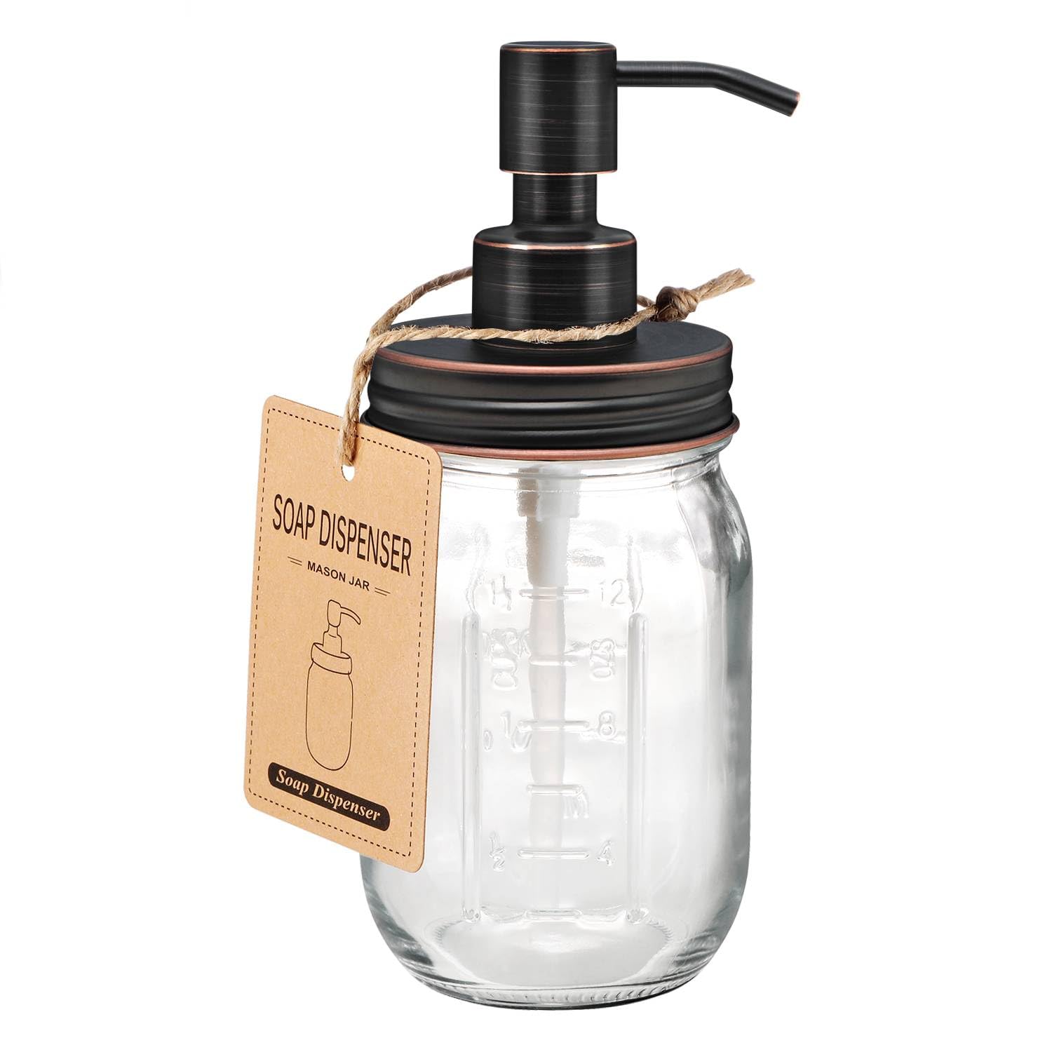 Amolliar Mason Jar Liquid Soap Dispenser, 16 OZ Lotion Glass Dispenser, Cute Farmhouse Decor for Kitchen, Bathroom, Refillable Dispenser for Hand Soap, Dish Soap, Lotion Soap, Oil Rubbed Bronze 1 Pack