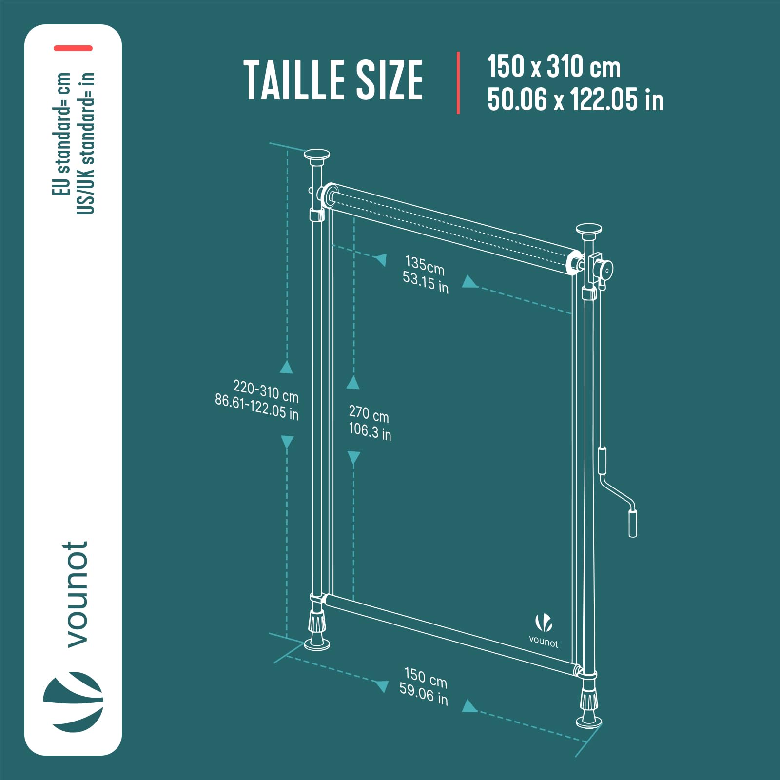 VOUNOT® Store Vertical sans Perçage 150 x 310 cm Extensible avec Manivelle Store Extérieur Protection Solaire Résistant aux Intempéries et UV Brise Vue pour Balcon Terrasse Jardin Anthracite