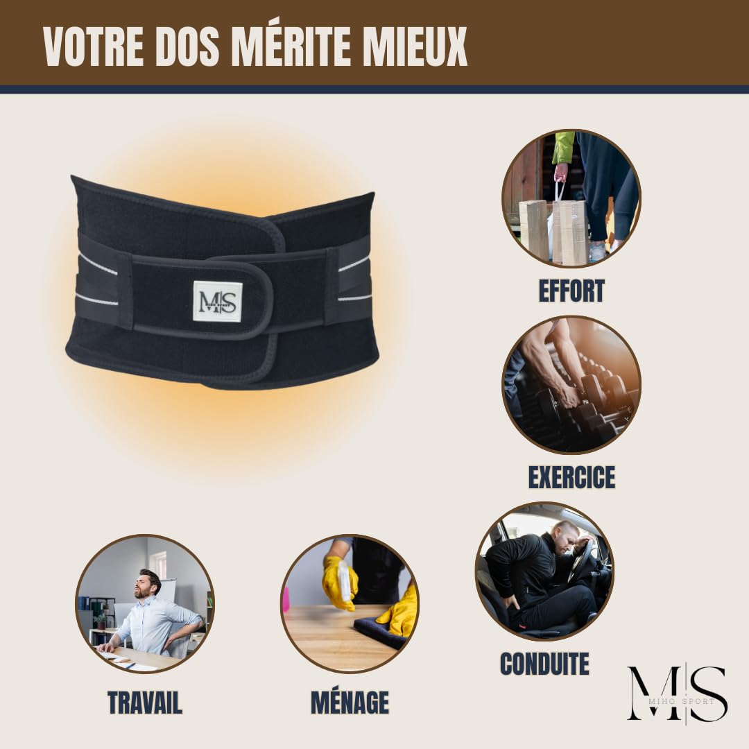 Ceinture Lombaire de soutien lombaire RÉGLABLE HOMME et FEMME pour soulager le Dos | Idéale pour le Travail ou le sport | 4 Ressorts, Taille S à XL | Parfaite pour Sciatique