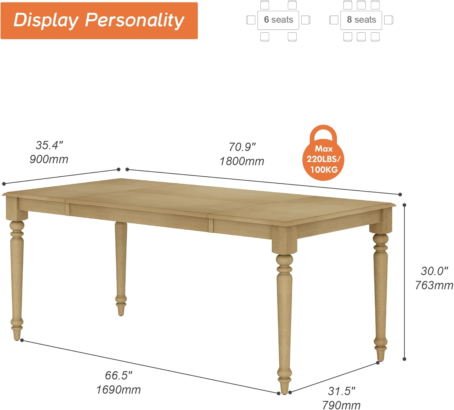 WAMPAT Farmhouse Dining Table for 6–8 People, 70" Large Kitchen Dining Room Table with Wood Grain & Gourd Leg, Solid Rubber Wood Dinner Tables for Living Room, Oak