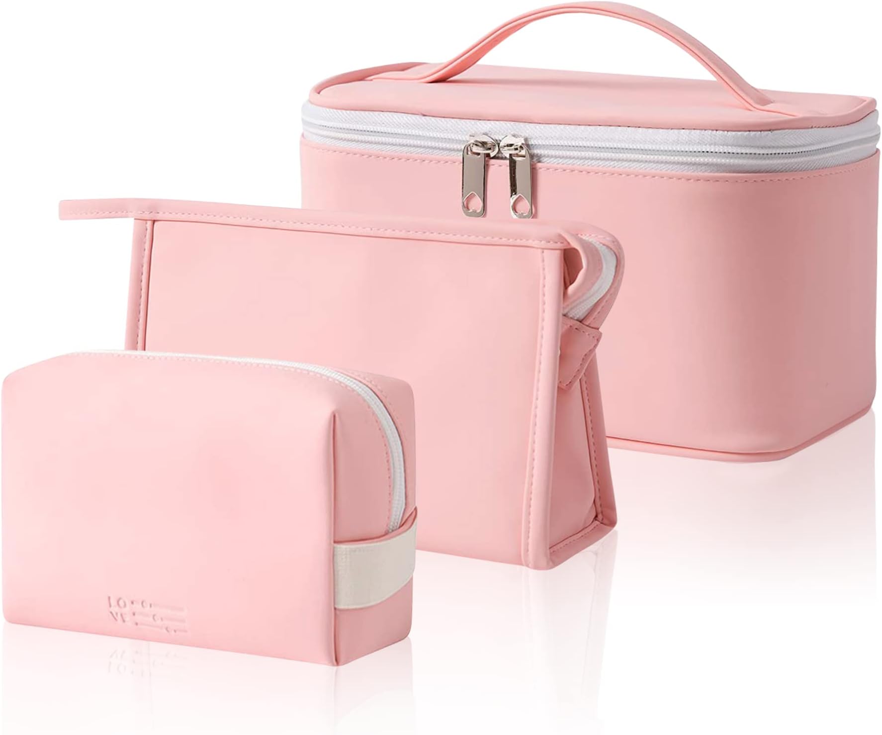 WenYaCosmetic Bags for Women, 3 Pack Portable Leather Cosmetic Bags with Zipper Waterproof, Large Travel Cosmetic Bag Organiser Set for Women Girls(Pink)