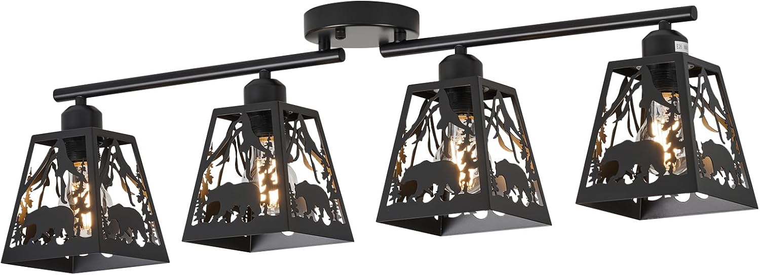 Rustic Ceiling Light Fixtures-Bear Design, 4 Light Farmhouse Black Flush Mount Light Fixtures for Kitchen, Living Room, Bedroom, Dining Room, Entryway, Hallway
