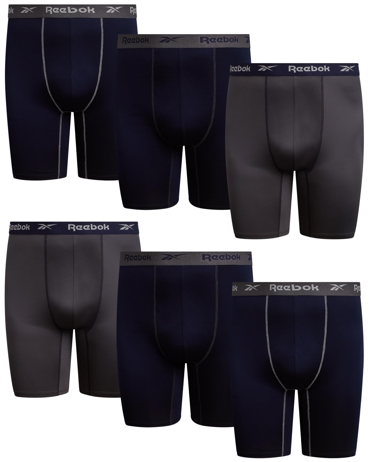 Reebok Mens Boxer Briefs - 6 Pack Big & Tall 10" Inseam Long Leg Stretch Performance Mens Underwear Boxers with Contour Pouch