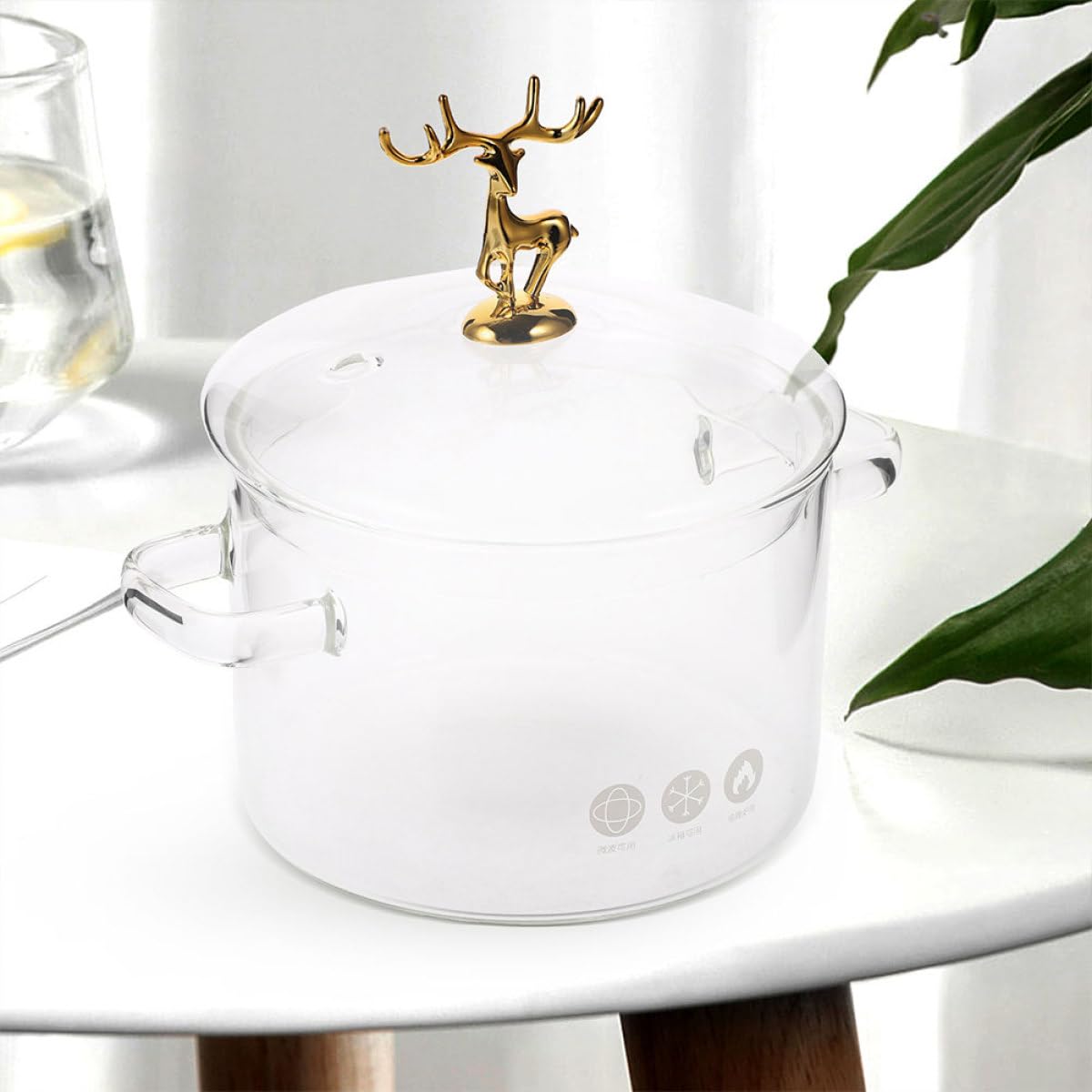 SEWACC Suppentopf aus Hitzebeständigem Glas mit 1900ml Fassungsvermögen Doppelohrgriff für Einfaches Handling Elk Style Deckel zum Kochen von Suppen im Haushalt