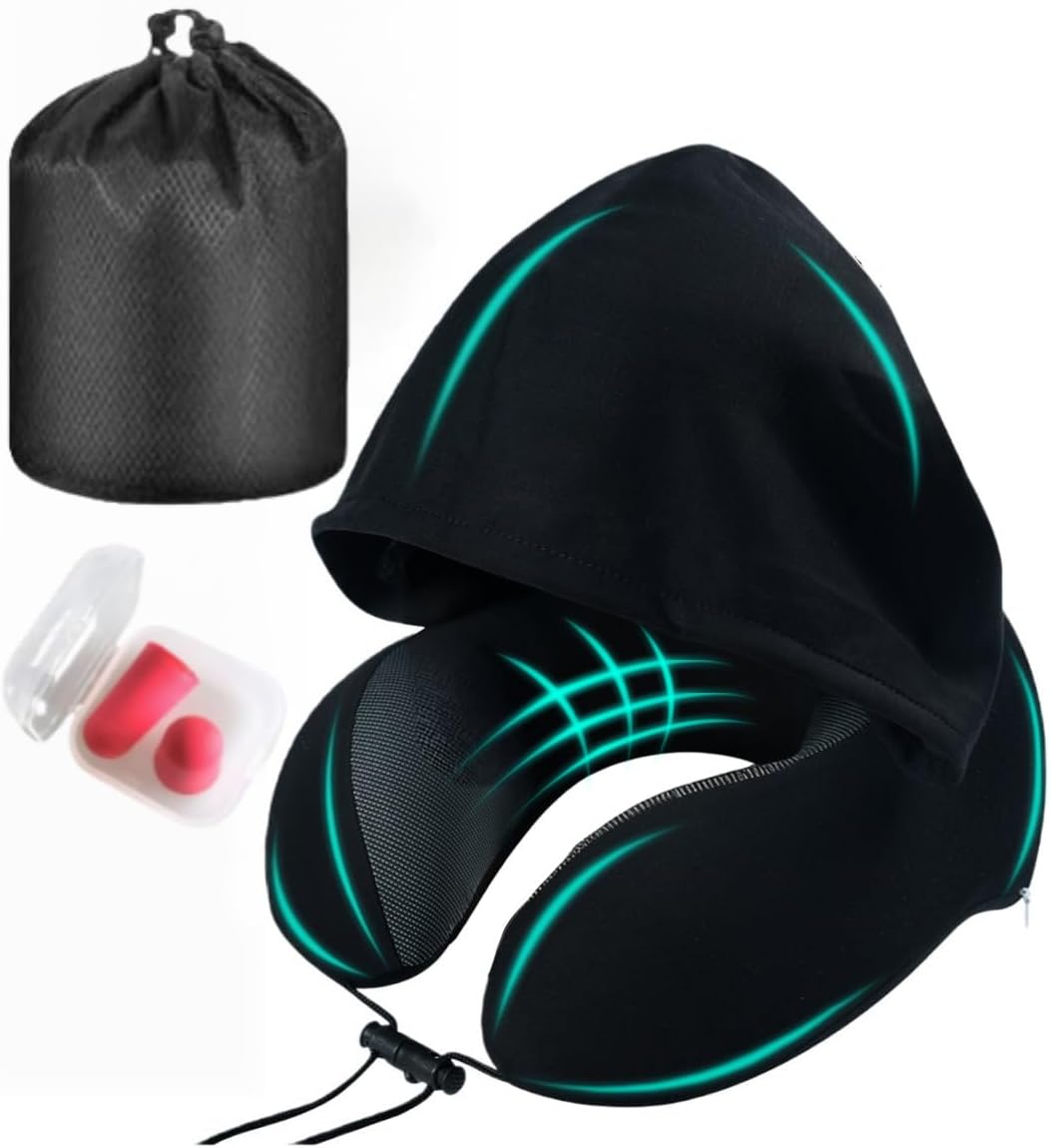 Travel Pillow with Large Hood Neck Pillow with Memory Foam Filling Hooded Travel Neck Pillow for Airplane with Removable Cover Block Out Light for Car Sleep Portable Plane Accessories