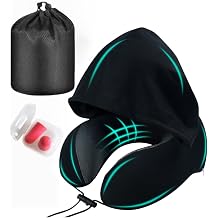 Travel Pillow with Large Hood Neck Pillow with Memory Foam Filling Hooded Travel Neck Pillow for Airplane with Removable Cover Block Out Light for Car Sleep Portable Plane Accessories