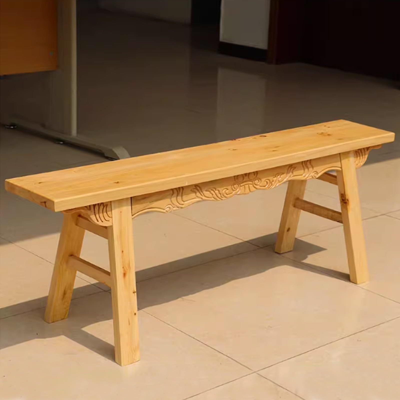 Banc de ferme en bois massif fait main, assise artisanale robuste style asiatique pour salon
