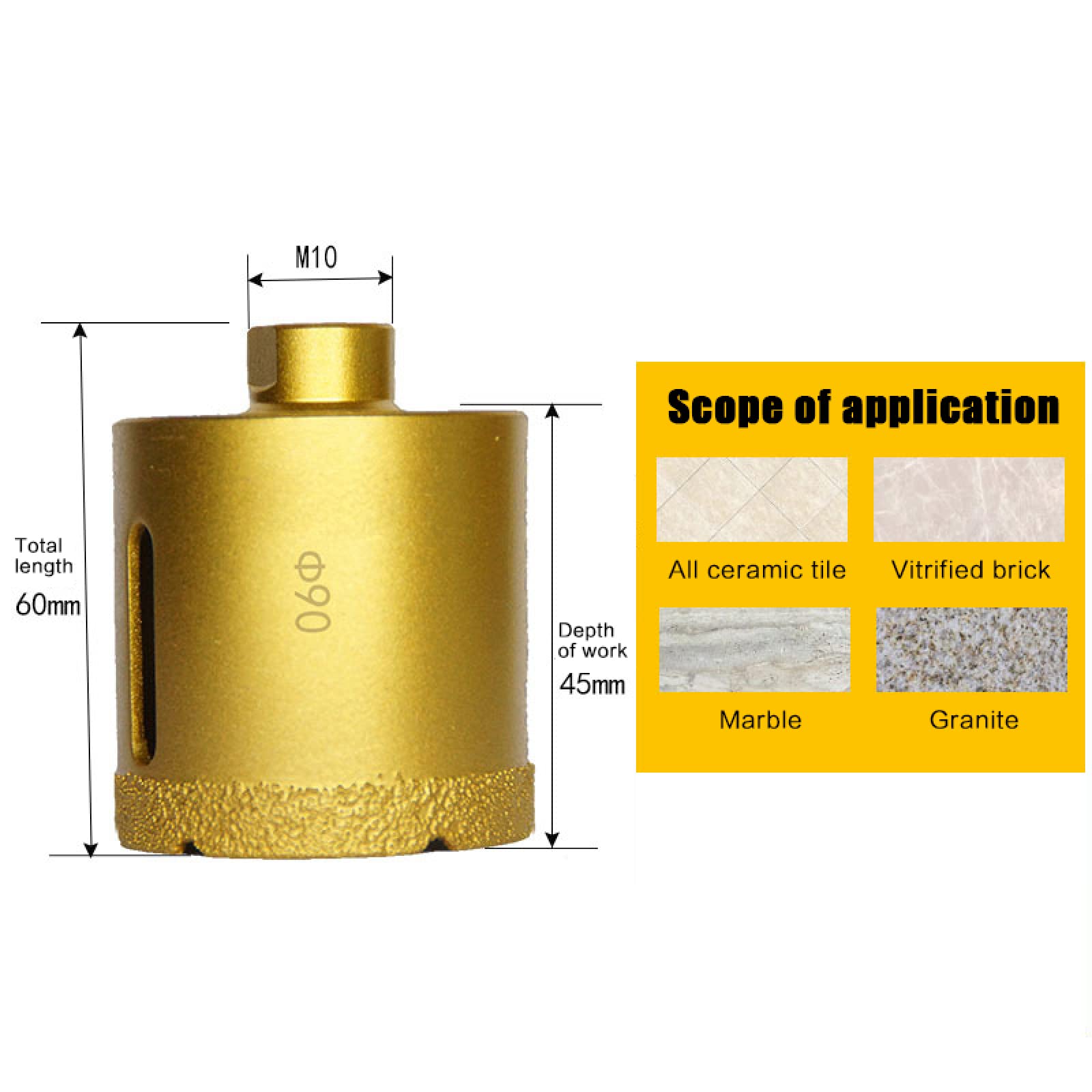 1pc M10 Filo 6-100mm Vuoto A Secco Brasato Diamante Marmo Perforazione Core Bit Piastrelle di Ceramica Foro Seghe Apri Granito Marmo punte da trapano,90 mm