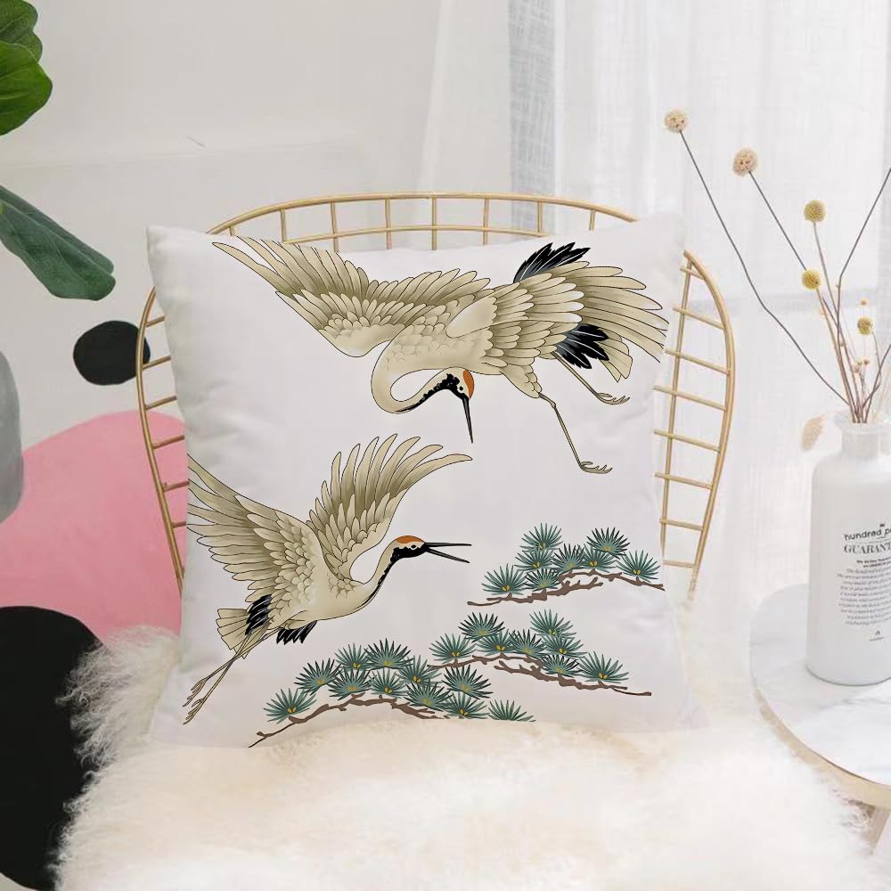 HYMSXW Cushion Cover,Throw Pillow Case Home Decorative for Living Room Bedroom Sofa Chair 20X20 Inch,Crane, auspicious picture of crane and pine branches painted in Japanese style,Pillowcase 50X50cm