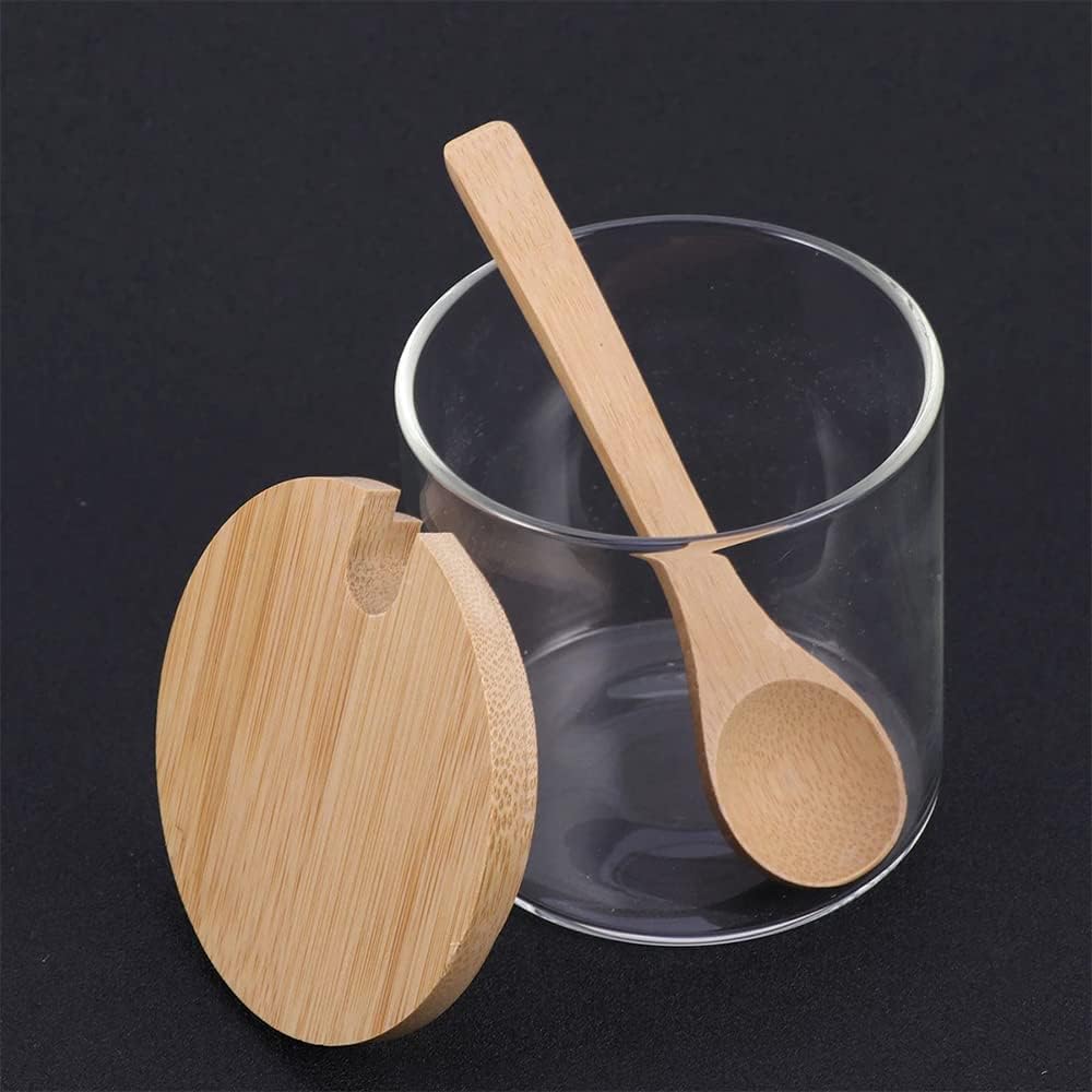 SagaSave Dispenser With Wooden Spoon Lid and Base Condiment Storage Containers Glass + Wood Seasoning Box Set Transparent Spice Jars 300ml 3pcs for Home Kitchen café Storing Salt Sugar Pepper-3#