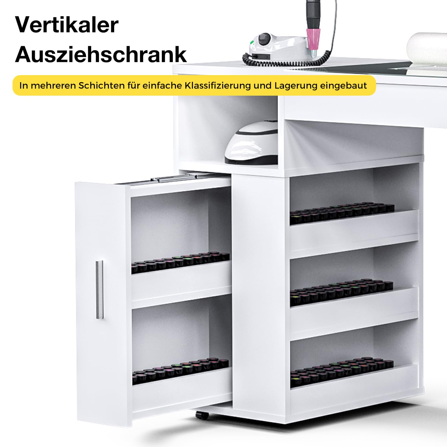 Nageltisch mit Staubabsaugung & Glasplatte | Profi Manikürtisch auf Rollen für Nageldesign | Stabiler Nagelstudio Tisch mit 3 Schränken, Schubladen, Handauflage & 4 Staubsaugerbeuteln (Weiß)