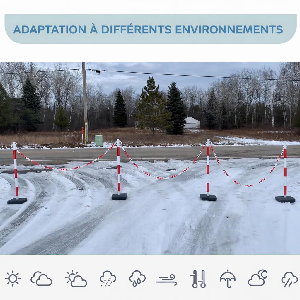 Poteau Délimiteur de Trafic 40''/100cm avec Chaîne 20FT/600cm et Base Remplissable Sable/Eau 4 Pièces