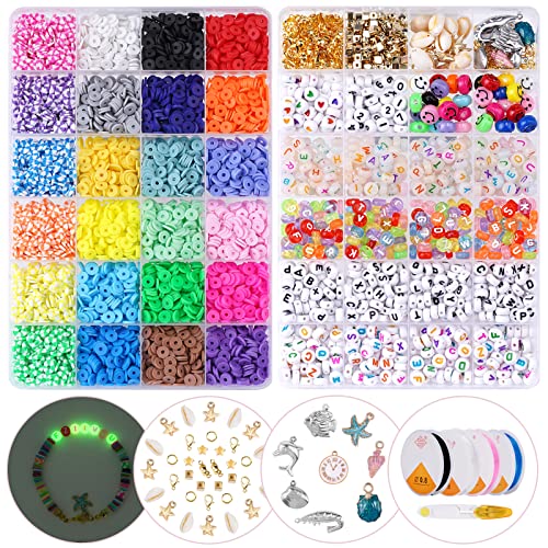 FZIIVQU 7200 Pcs Clay Beads 2 Boxes Bracelet Making Kit 24 Colors Flat Disc Heishi Clay Beads for Jewelry Making Preppy Set with UV Number Letter Beads & Gold Spacer Beads etc