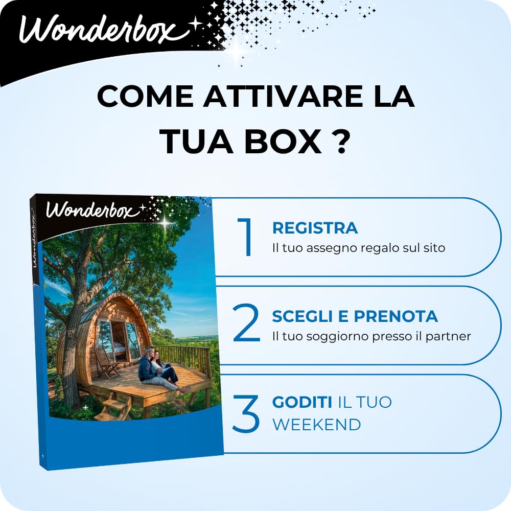 WONDERBOX - Cofanetto Regalo - Insolito - Evasione da Favola - per 2 pers | 1 o più notti con o senza cena, esperienze benessere o originali - Più di 370 soggiorni - Glamping, bubble room, capanne