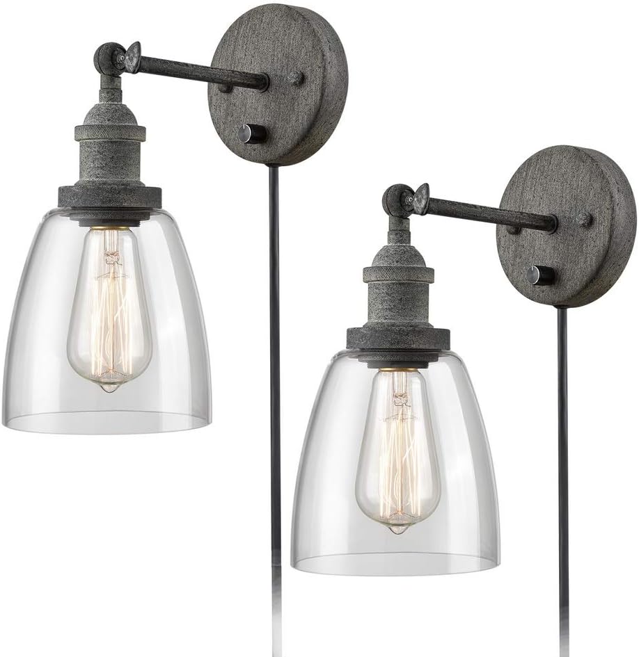 CLAXY Swing Arm Glass Wall Sconces Rustic Mycete Hardwired & Plug-in Wall Light Fixture-2 Pack