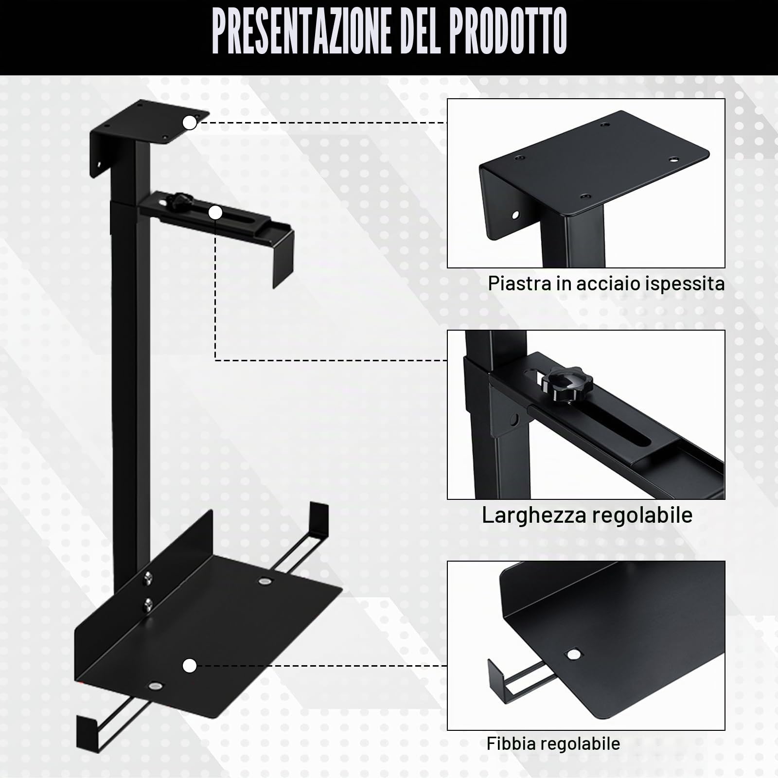 Supporto PC Scrivania Porta PC da Sotto Scrivania Regolabile, Supporto universale per Torre per Computer, Fino a 35 kg, Upporto case Porta Computer Fisso